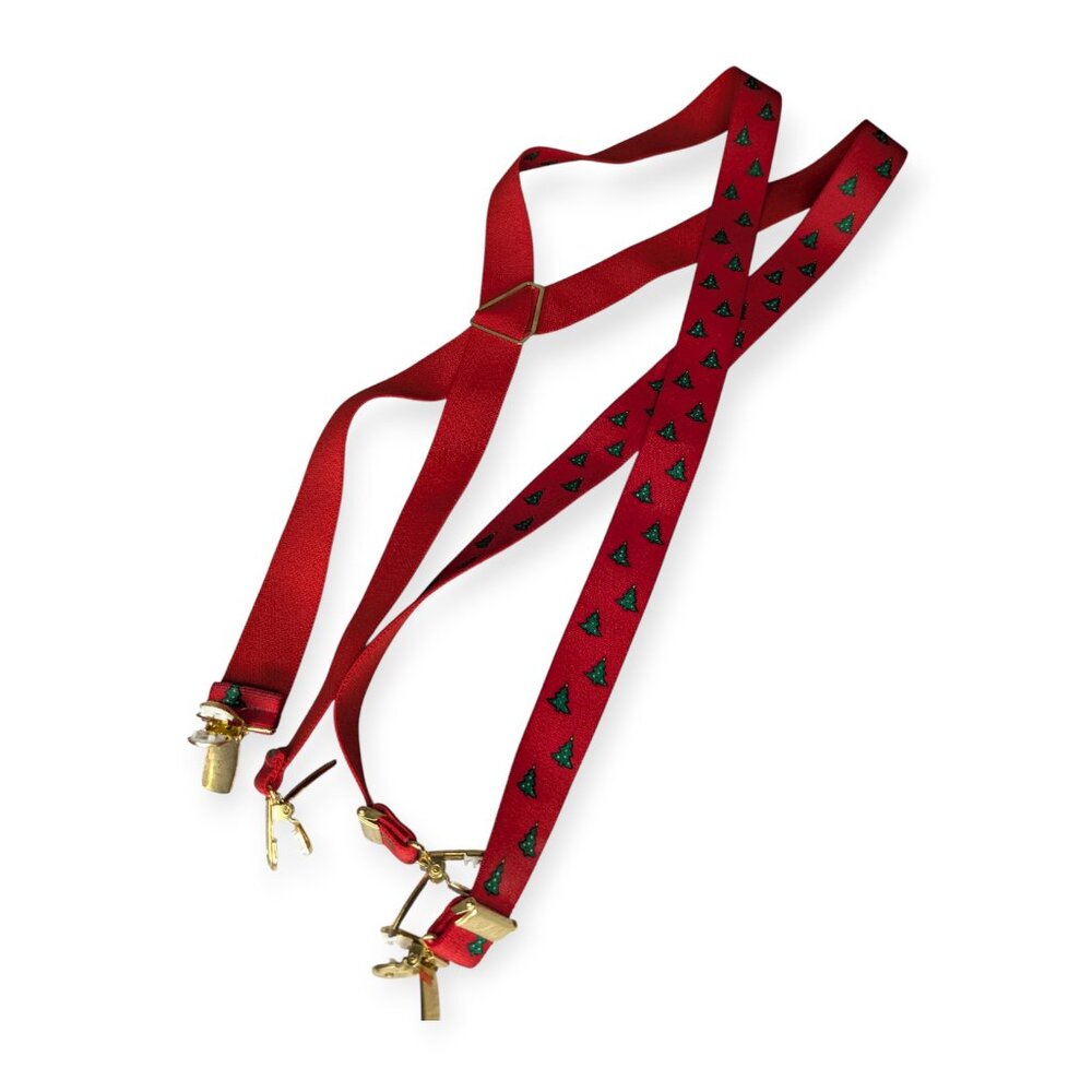 Red Suspenders with Christmas Tree Pattern Adjustable w/Gold Tone Clips